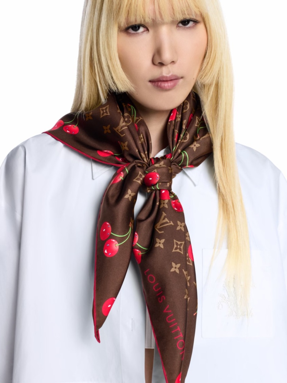 Louis Vuitton Brown Monogram Cherry Silk Scarf - Red Accents - Picture 3 of 8